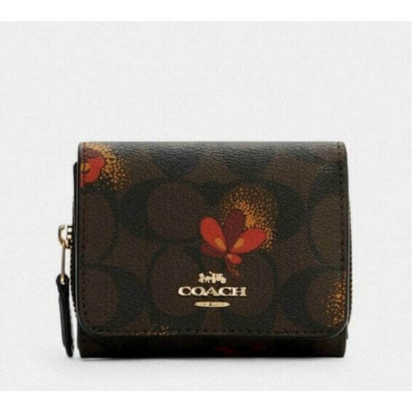 New Coach C6042 Signature Pop Flower Print Small Trifold wallet Brown / Black - Picture 1 of 2